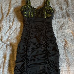 Black and yellow ruched dress.